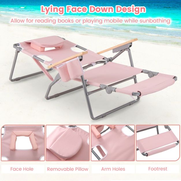Coast Opvouwbare Strandstoel 66 x 149 x 56 cm - 3-in-1 - Voetsteun/Gezichtsopening - Roze