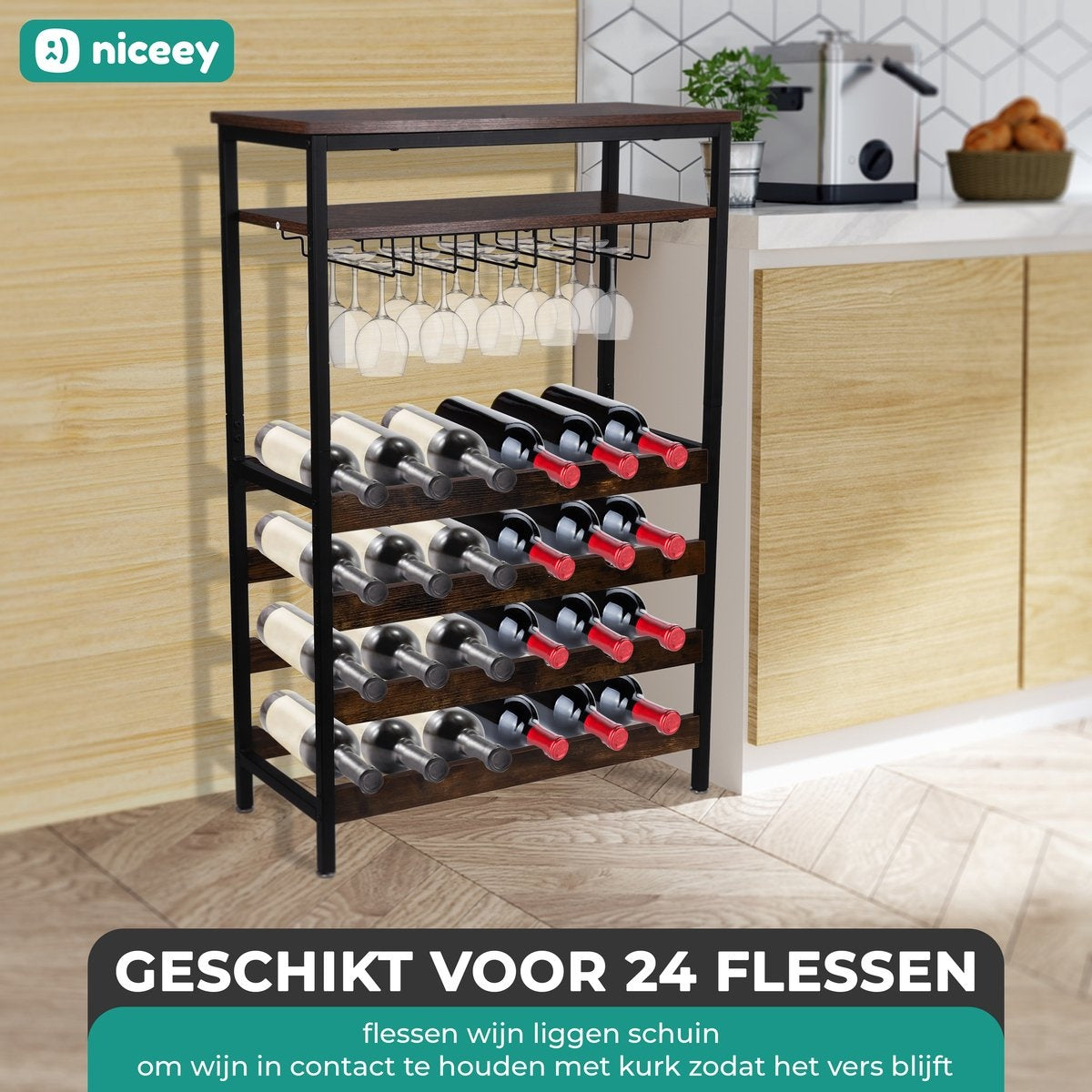 Niceey Wijnrek - Voor 24 Flessen en 15 Glazen - Flessenrek - Wijnrek Metaal