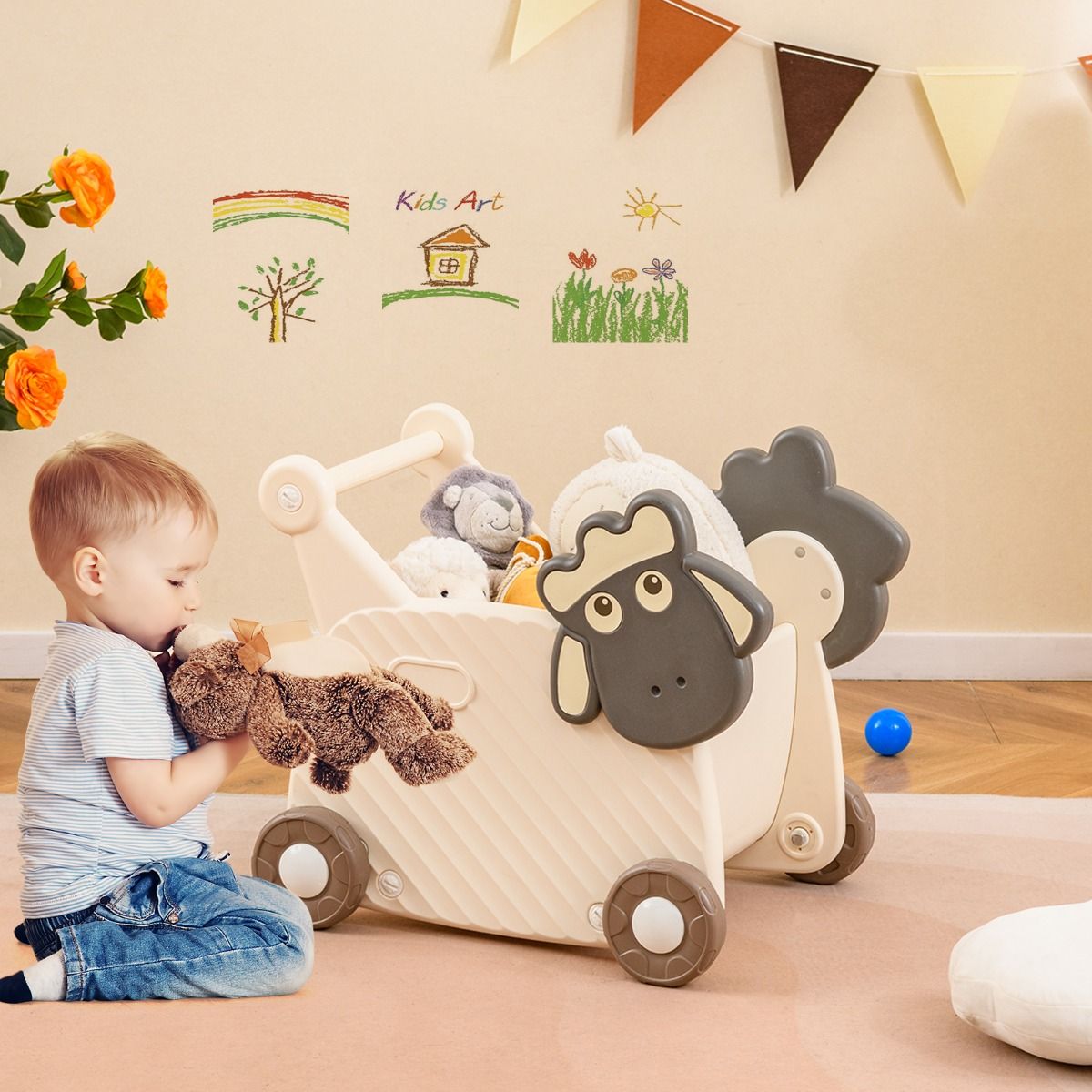 Coast Schaap Loopwagen voor Kinderen - 2-in-1 Opbergwagen en Looprek - 18 Liter - Beige en Grijs