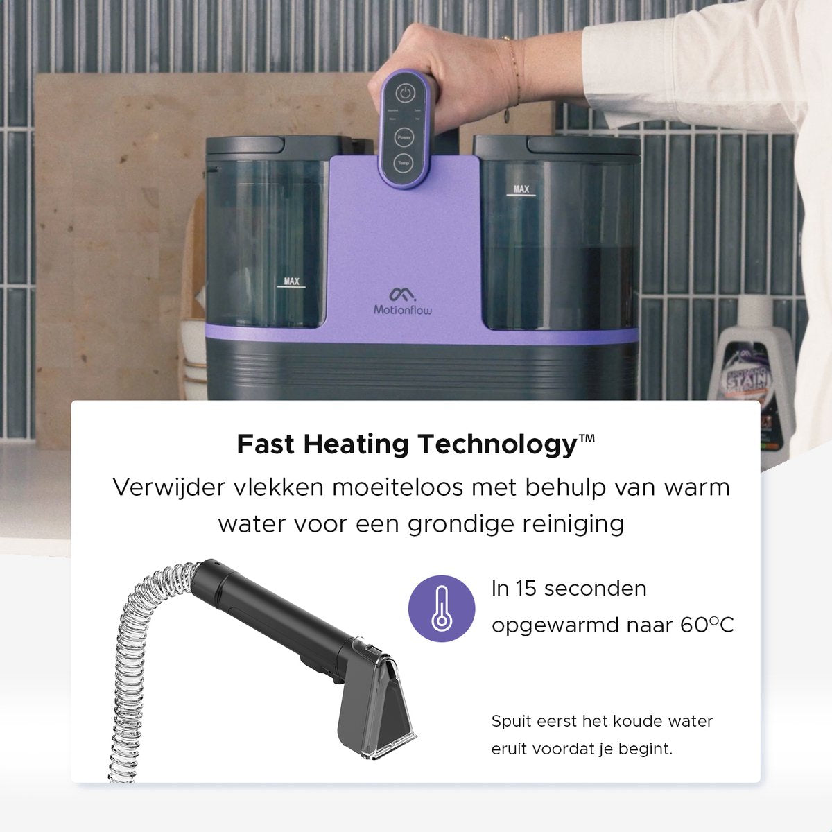 Motionflow 4-in-1 Vlekkenreiniger - Verwarmingsfunctie en Zelfreinigend - 4 Borstels / opzetstukken - inclusief Schoonmaakmiddel