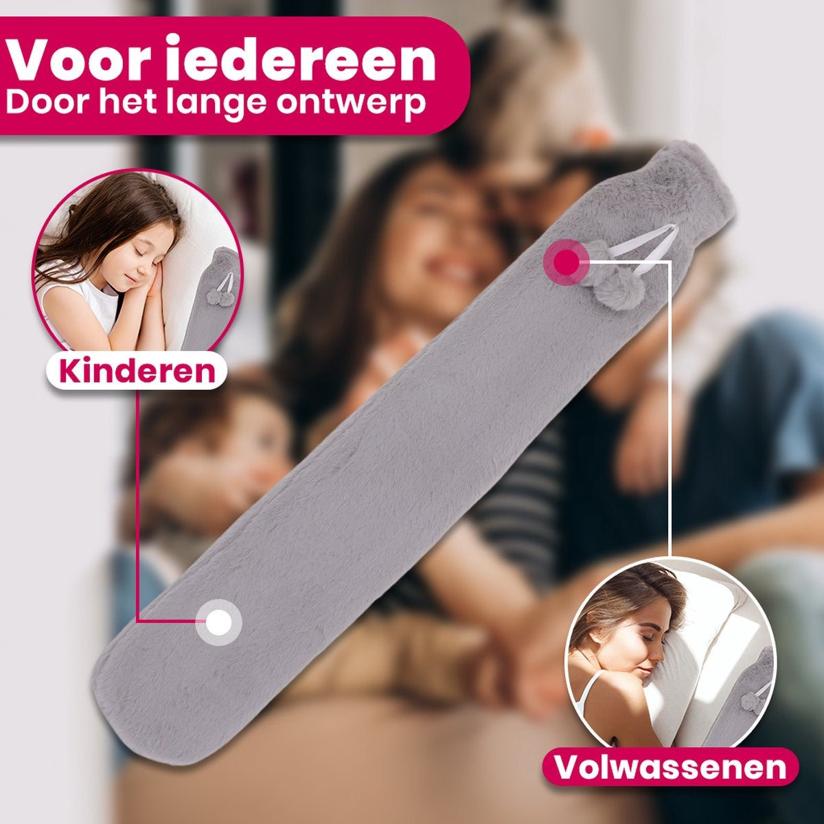 Aerend warmtekussen - Extra Lange kruik met hoes – Warmwaterkruik met Fleece Hoes – 2,5 Liter – Verlicht Nek, Schouder & Buikpijn – Grijs