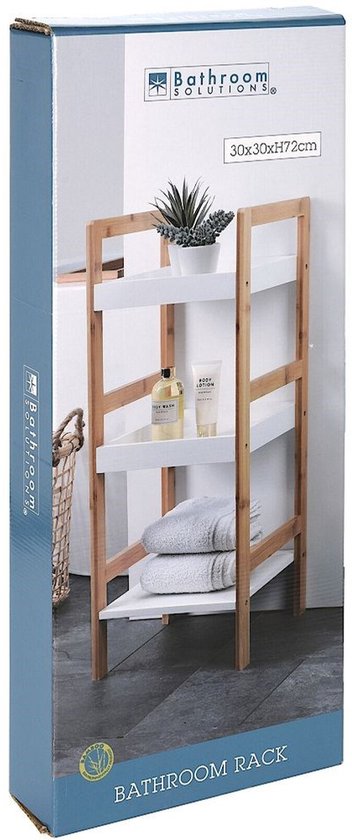 Bamboe houten bijzet kastje/badkamer rek wit/bruin met 3 planken 30 x 30 x 72 cm - Bijzetkastjes