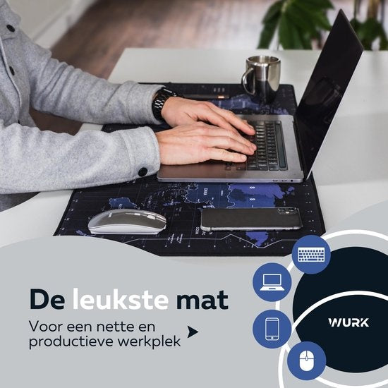 WURK Professionele Bureau Onderlegger – Wereldkaart – Bureau Organizer – Bureau Accessoires – Muismat XXL – Anti-Slip – Inclusief Kabel Clip – 90x40