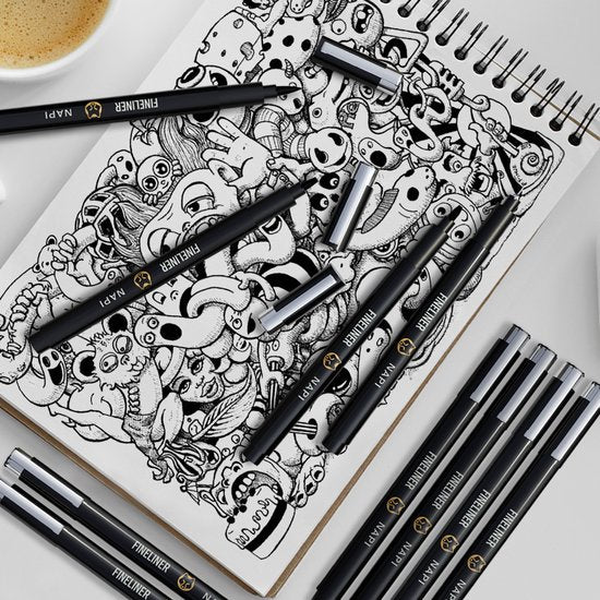 NAPI 10 Fineliners Zwart Incl. Brush Pen & Liniaal - 0,2 tot 3mm - Pennen Zwart - Bullet Journal Accessoires - Tekenpennen Set