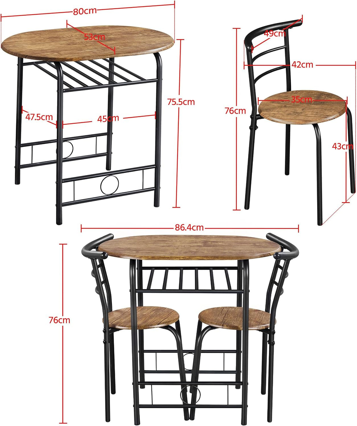 Yaheetech Eettafelset voor 2 Personen - Tafel 80 x 53 x 75,5 cm met 2 Stoelen - Met Opbergplank - Bruin