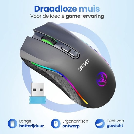 Garpex® Stille Draadloze Muis - Gaming muis - Computermuis - Muis Draadloos - Met LED Verlichting - Oplaadbaar - Zwart