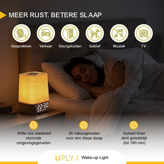 UPLY Wake up light - Met USB oplaadpunt - Met 30 geluiden - Wekker met licht - White noise - Digitale wekker