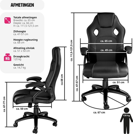 tectake® - bureaustoel gamingchair - luxe burostoel kantoorstoel - racingstoel burostoel gamestoel Tyson - zwart