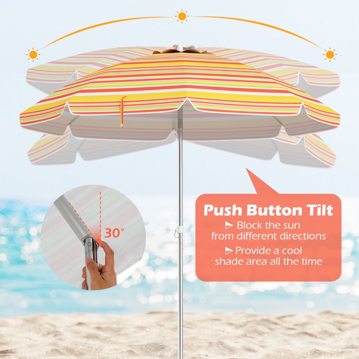 Coast Strandparasol Ø198 x 206 cm – Rood/Geel – Draagbaar zonnescherm met zandanker & draagtas
