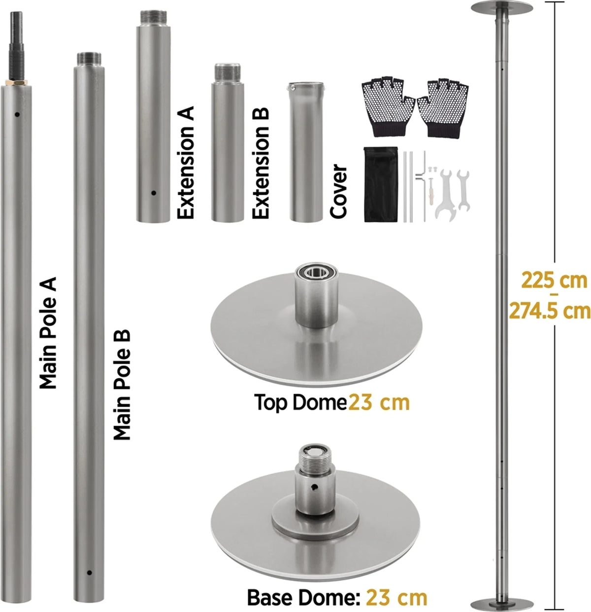 Yaheetech Danspaal 45 mm - Statisch en draaiend - Verstelbaar 225–274,5 cm - Matzilver