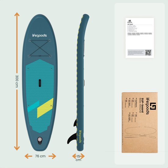 LifeGoods SUP Board Allround Compact - met Zitje - 100 KG Draagkracht - 300 x 76 cm - Opblaasbaar - Compleet SUP pakket - Cyaan/Donkergroen