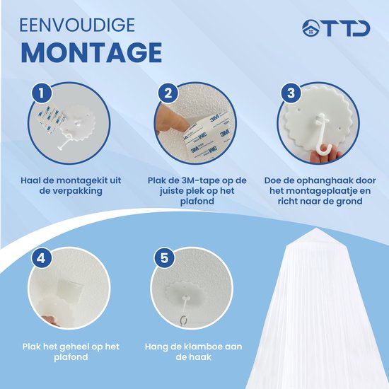 TTD® Hoogwaardige XXL Klamboe – 2 Persoons – Polyester – Wasbaar – Inclusief Ring & Montagekit