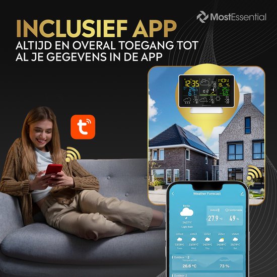 MostEssential Weerstation Wifi Edition - Plug & Play Installatie - Draadloos - Weerstation met Buitensensor - Hygrometer - Binnen en Buiten - 150 Meter Bereik - Inclusief App - Wit - 1 sensor