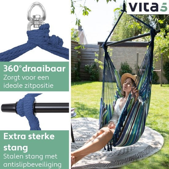 Vita5 XXL Hangstoel | Binnen&Buiten Hangnest | Incl. 2 Kussens en Boekenvak | Volwassenen&Kinderen | Hangmatstoel tot 200kg | Blauw/Groen/Wit