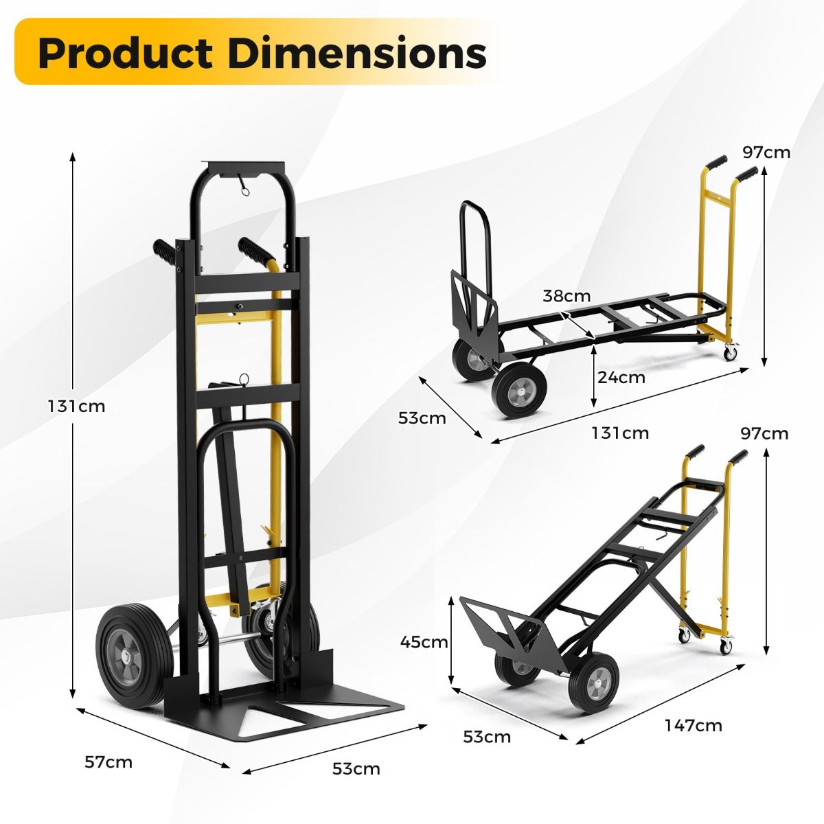 Coast Opvouwbare Transportwagen - 3-in-1 steekwagen - 4 rubberen wielen - 450 kg draagvermogen - zwart/geel