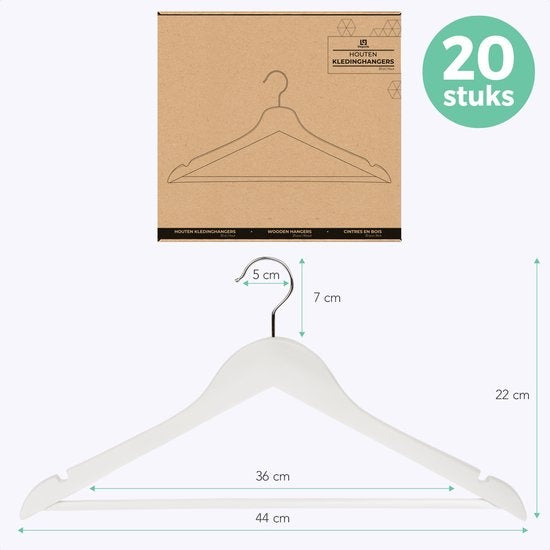 LifeGoods Kledinghangers - Met Broeklat - Hardhout - Wit - 20 Stuks