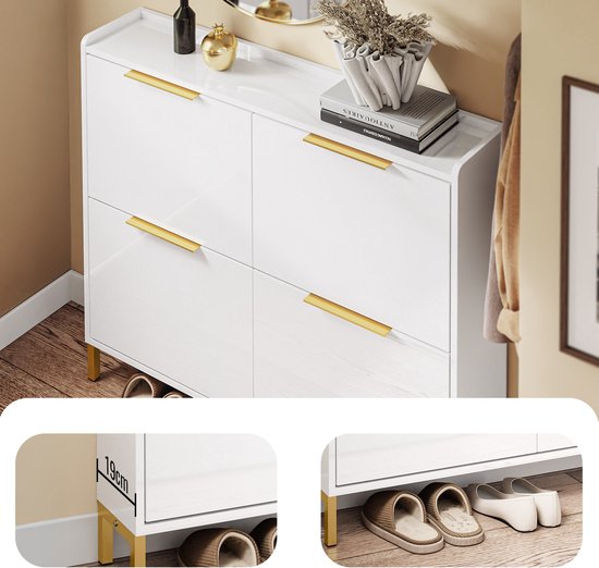 SoBuy FSR206-GW Schoenenkast Ingang – Ultradun 19 cm – Hoogglans Wit en Goud – Voor Hal, Gang, Kleine Ruimte, Met Kantelbeveiliging en Vloerbescherming – 100x19x88.5 cm