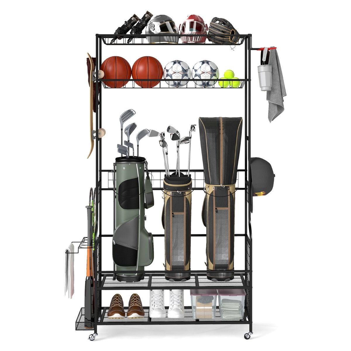 Coast Sportartikelenorganizer - met wieltjes - 4 haken - extra rek voor rackets - zwart 132 x 40,5 x 194 cm
