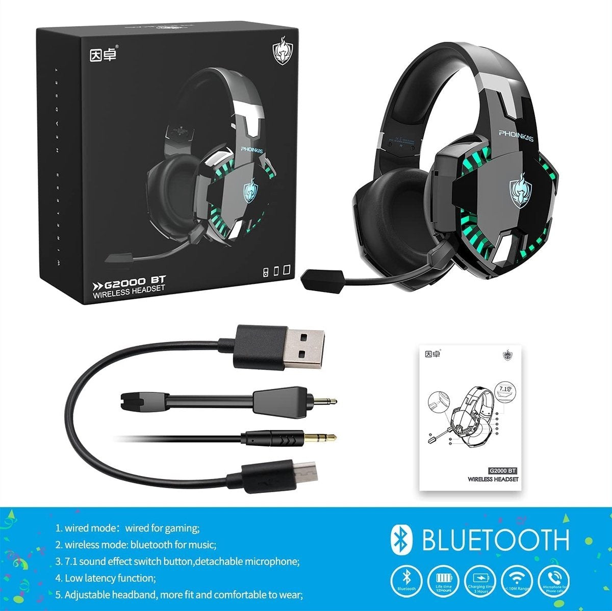 PHOINIKAS G2000 BT Bluetooth Laptop Gaming headset met microfoon Over-ear Koptelefoon -Zwart