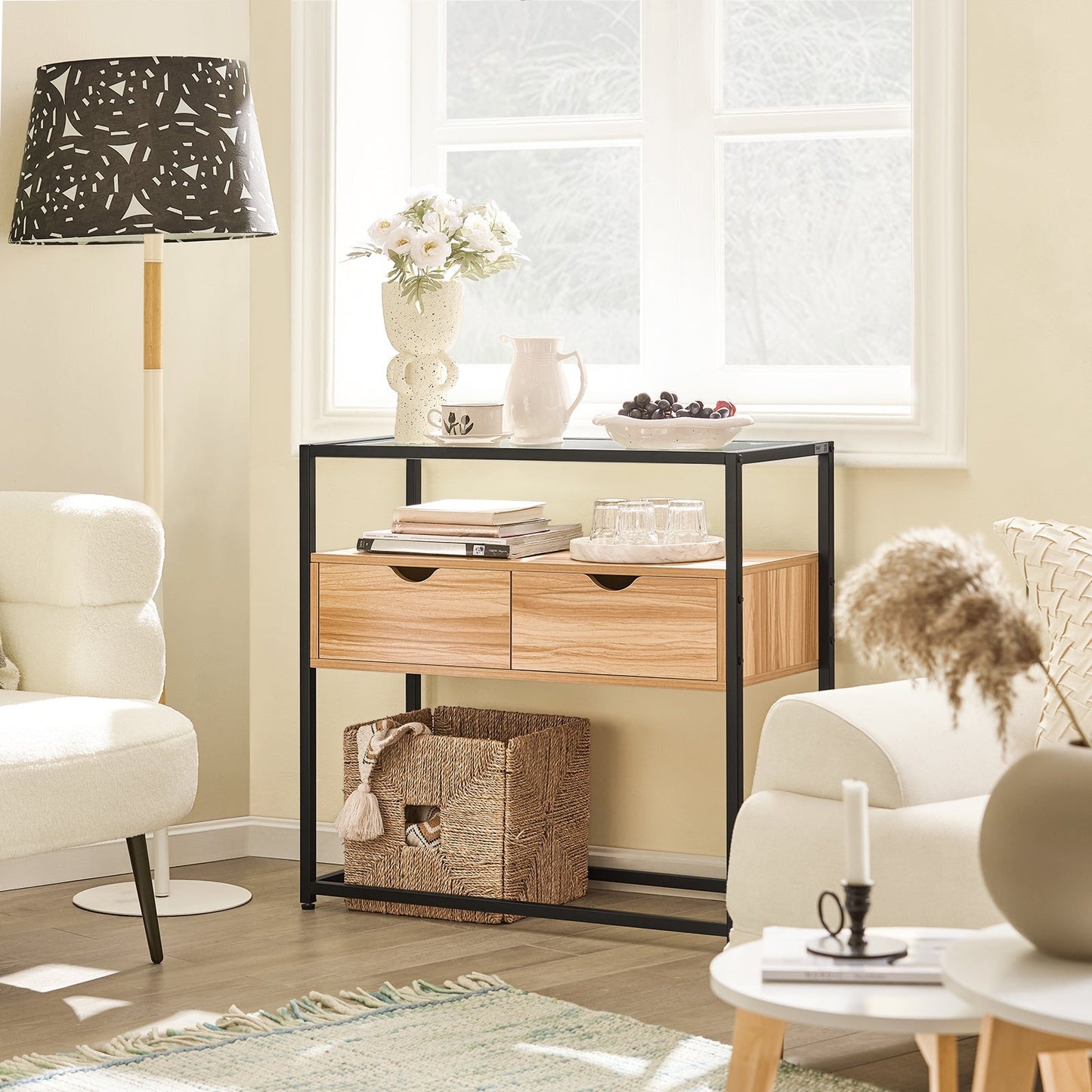 SoBuy Bijzettafel met Glazen plaat - Met 2 Lades - 81 x 35 x 78 cm - Hout/ Ijzer