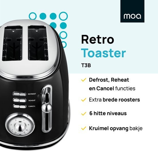 MOA Retro Broodrooster - 6 Warmteniveaus - 2 Extra Brede Sleuven - 850W - Reheat en Ontdooi-functie - Zwart - T3B