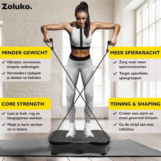 Zoluko Fitness Trilplaat met Bluetooth Functie - Incl. E-book, Weerstandsbanden en Afstandsbediening - LED Display - USB Poort - Antislip Rubber - 5 Trainingsprogramma's - 99 Snelheid Niveaus - Powerplate - Trilplaat Fitness - Zwart