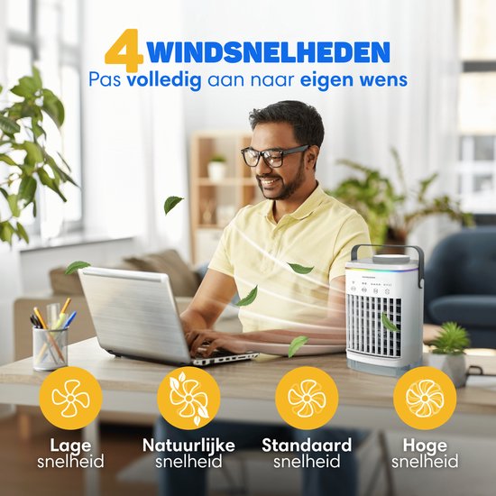 Vulpes Goods® Tech - Mini Airco PRO - Mobiele Airco - Luchtkoeler 4in1 - Aircooler - Tafelventilator - 4 windsnelheden, 2 luchtbevochtingsstanden & timer - Lekvrij - Wit