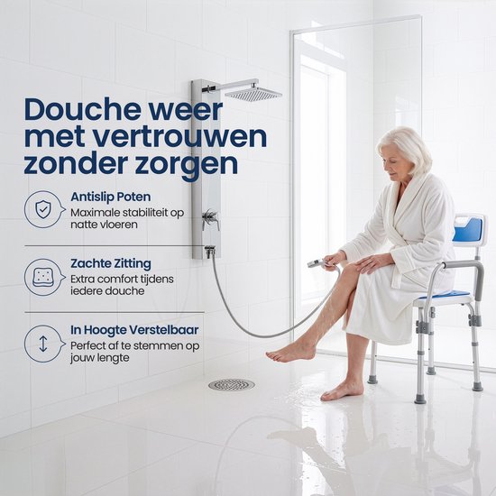 Truesafe Douchestoel met afneembare rug- en armleuning - Douchekruk - Badkamer Stoel - Antislip - Verstelbare Hoogte - Max 130 Kg + Douchezak