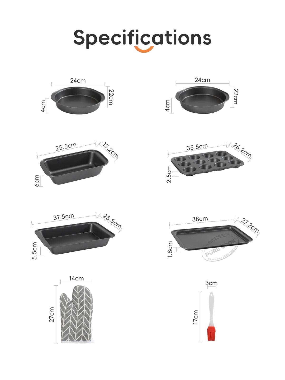 PURE COOK Bakgereiset 8-Delig - Grijs - Antiaanbak Koolstofstaal - Cakevormen, Broodvorm, Muffinvorm, Bakplaat