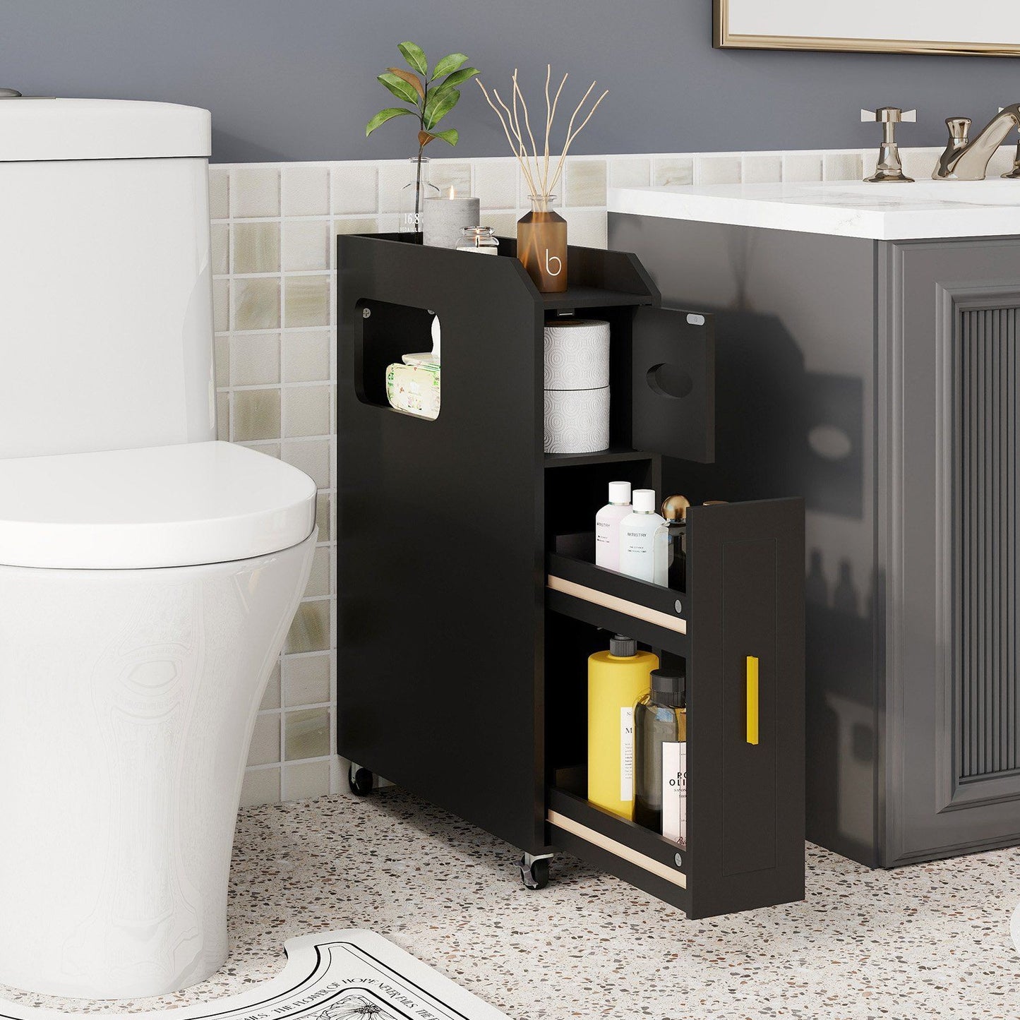 Coast Smalle Badkamerkast met Uittrekbare Lade en Toiletborstelhouder - 50 x 16 x 69 cm - Zwart