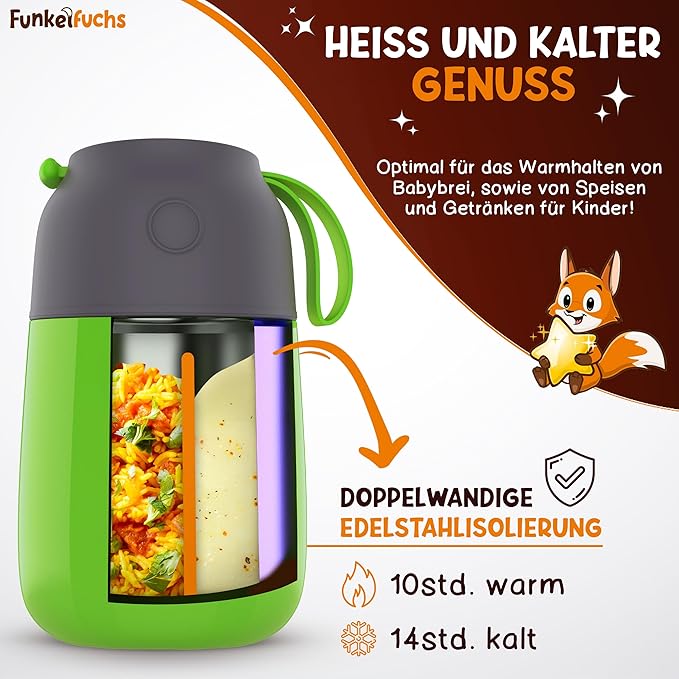 Funkelfuchs® Thermo beker voor kindervoeding - 500ml, groene trekker - 100% lekvrij - roestvrijstalen voedselwarmer - thermo beker voeding - thermo lunch box kinderen - baby voedselwarmer