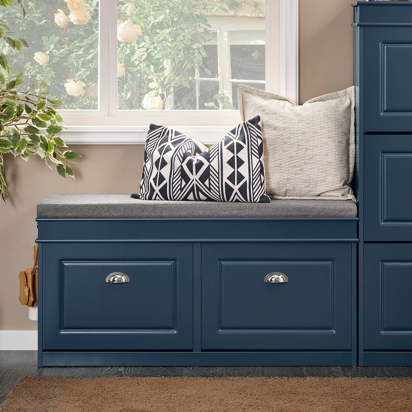 SoBuy Schoenenkast & Schoenenbank Hal – 2 Kleppen – Met Verwijderbaar Kussen – Smalle Hal – Gelakt Hout – L104 x D24 x H51 cm – Blauw