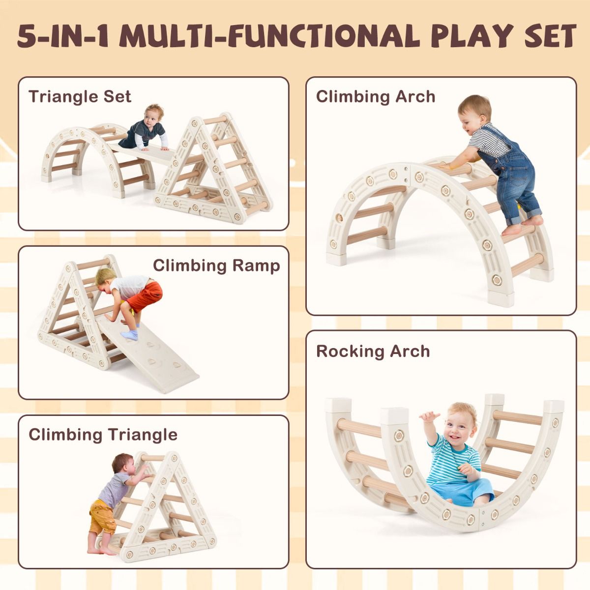 Coast Montessori klimset voor kinderen - 5-in-1 houten klimrek met boog en dubbelzijdige ladder - beige en koffie