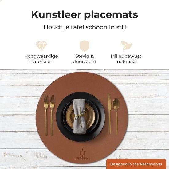 Castagnola Lederlook Placemats - Ronde Placemats - Antislip Placemat van Kunstleer - Waterafstotende Onderlegger - Onderzetter - 6 Stuks - Diameter 38 cm - Bruin