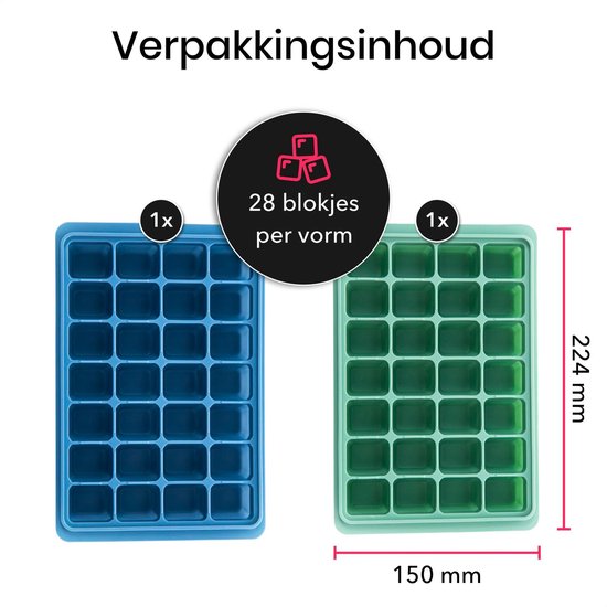 KitchenLove Siliconen IJsblokjesvorm met Deksel (2 Stuks) - 56 ijsblokjes - Vierkant - BPA Vrij - 100% Silicone - Groen & Blauw