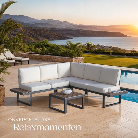 tectake® Tuinset - loungeset 4-delig - Weerbestendige tuinmeubelen met aluminium frame en polywood tafel - Verstelbare rugleuning - Tuinmeubelset met kussens - Ideaal voor tuin, balkon en terras