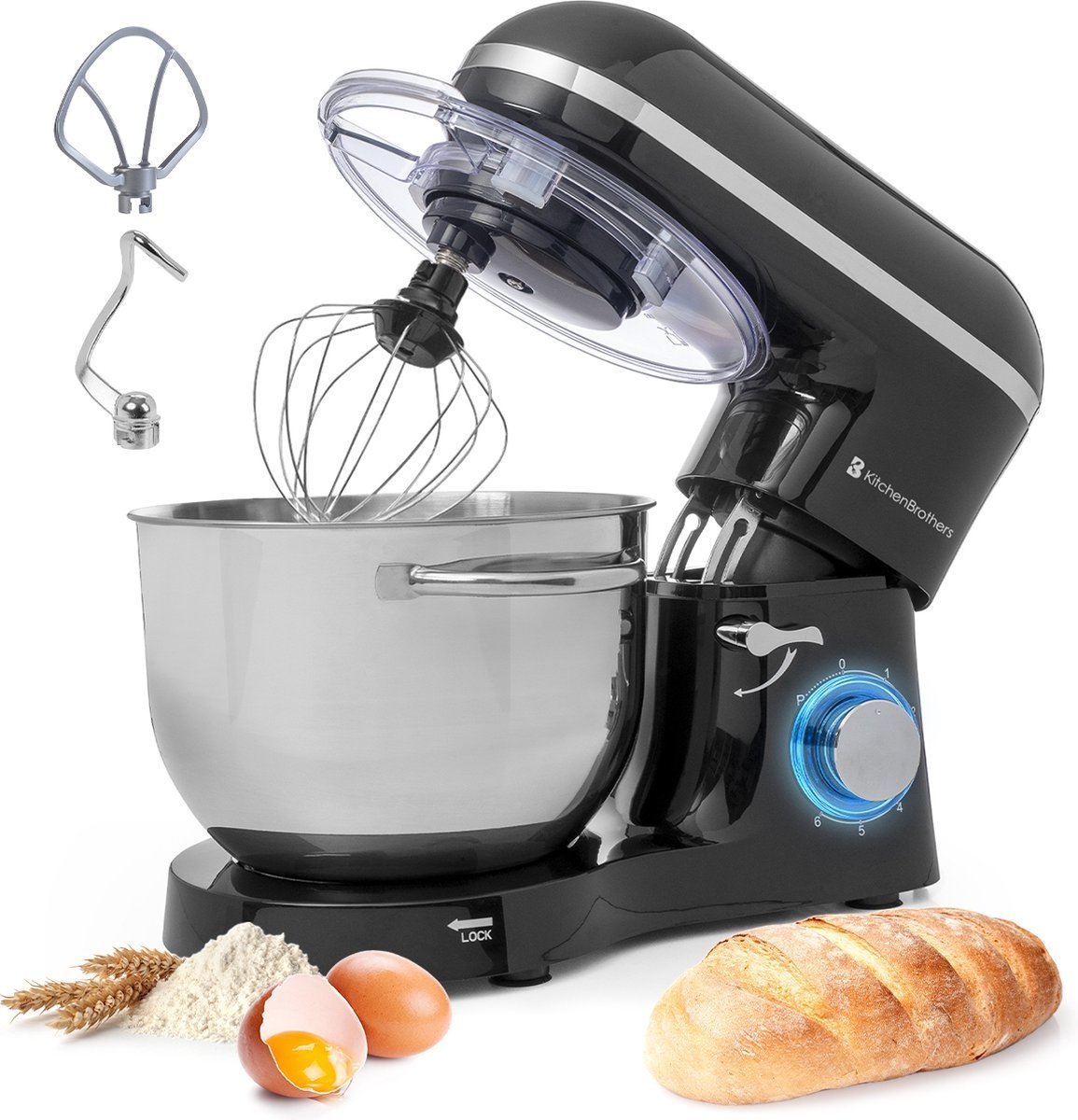KitchenBrothers Keukenmachine & Keukenmixer – Incl. Mengkom – 1400 W – 38,7 x 23,8 x 31,4 cm – Zwart