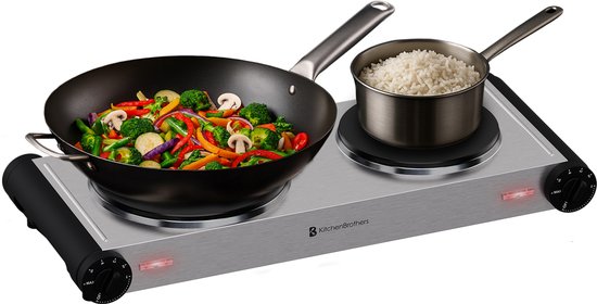 KitchenBrothers Elektrische Kookplaat - 2 Pits - Vrijstaand - 7 temperatuurstanden - 1500W + 1000W - RVS/Zwart
