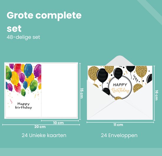 Feestio verjaardagskaarten met Envelop - Verjaardagskaart - 24 stuks - 10.5 x 14.8 cm