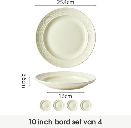 Dinerborden set van 4 (Ø25,4cm / 10inch), Bordenset, Ontbijtborden, Pastaborden, serviesset 4 persoons, Geschikt voor restaurants, Horeca, Feest, familiefeesten, banketten en picknicks, Magnetron-vaatwasserbestendig, Keramiek