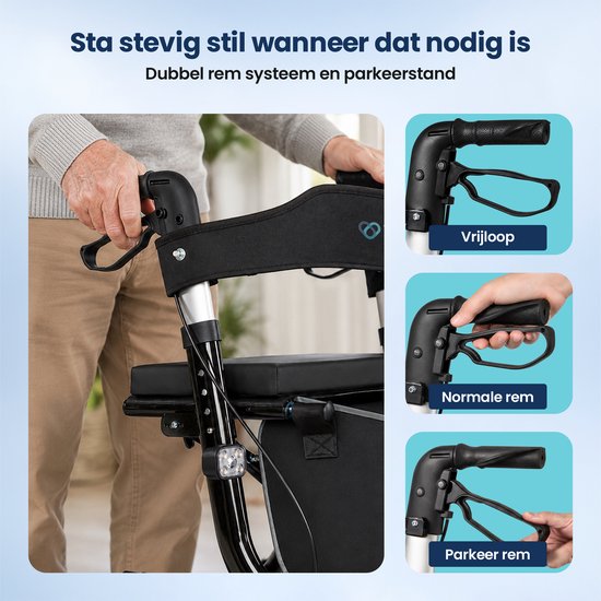 TrueSafe Rollator lichtgewicht en opvouwbaar (6,9 kg) - Voor binnen en buiten - Incl. ergonomisch zitkussen, verlichting, rugleuning, wandelstokhouder en meer - Zwart