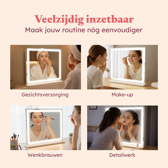 Fraay® Hollywood Spiegel met Verlichting 60x50cm - 3 Lichtstanden - Make Up Spiegel met 10x Vergrootspiegel - LED Strip Verlichting Dimbaar - Incl. 2 Beauty Blenders en Powder puff