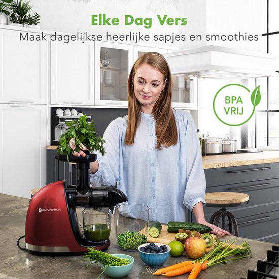 KitchenBrothers Slowjuicer - Sapcentrifuge - Groenten en Fruitpers - 700ml - Met Pulpreservoir - Juicer - Moederdag Cadeau - Rood