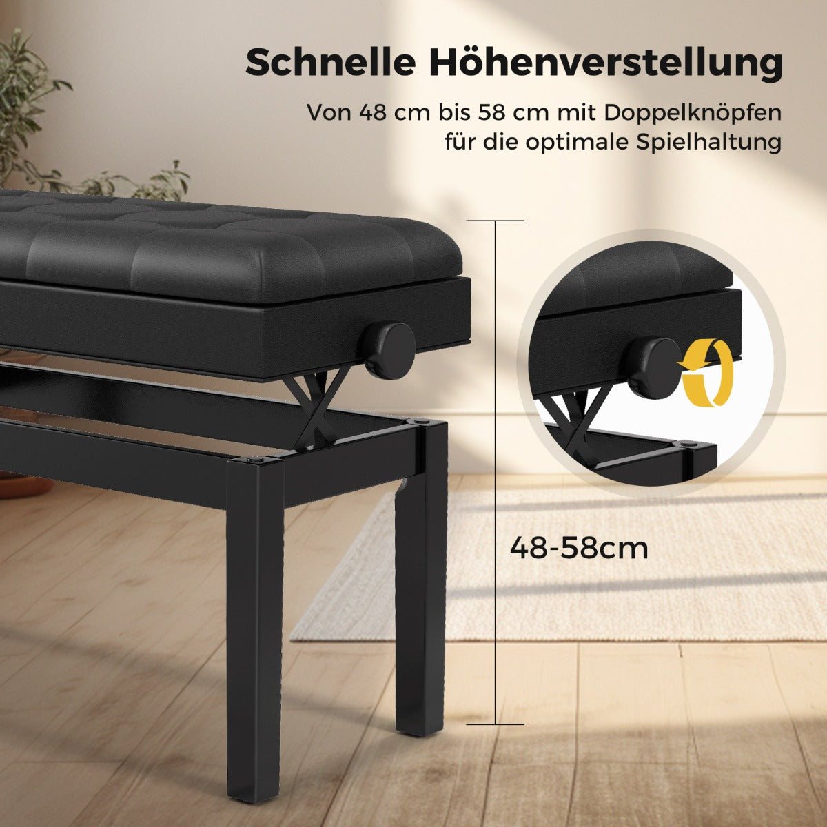 Verstelbare duet-pianobank met Opbergruimte en Waterdicht gewatteerd kussen - 6 x 36 x 48-58 cm - Zwart