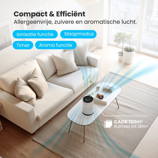 Auronic Luchtreiniger Compact Pro - Met HEPA 13-filter - 150 m³/u - 30 m² - Aromatherapie functie - 3 Standen - Air Purifier - Wit