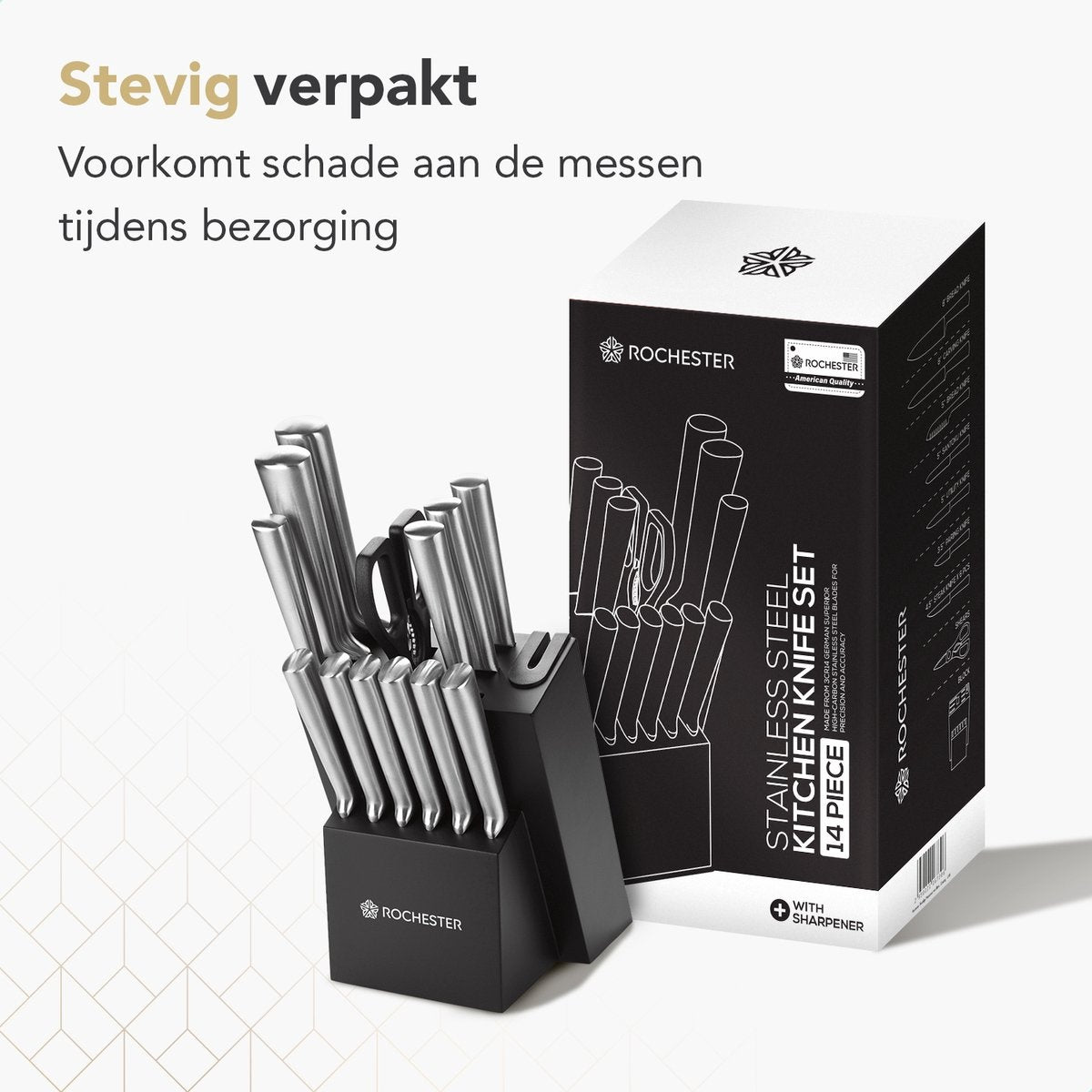 Rochester 14-delige Messenset met Blok en Messenslijper - Keukenmessen met Messenblok - RVS - Krasbestendige Coating