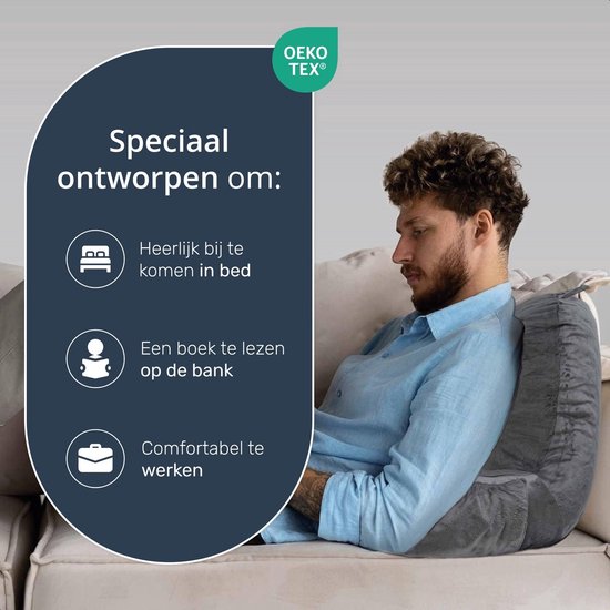 Leeskussen - Voor in bed - Met 3 opbergvakken - Rugkussen bank - zitkussen - Lende - Rug kussen onderrug - Lees - Kussens - Knuffel - Steun - Boeken - book - Seat - Grijs