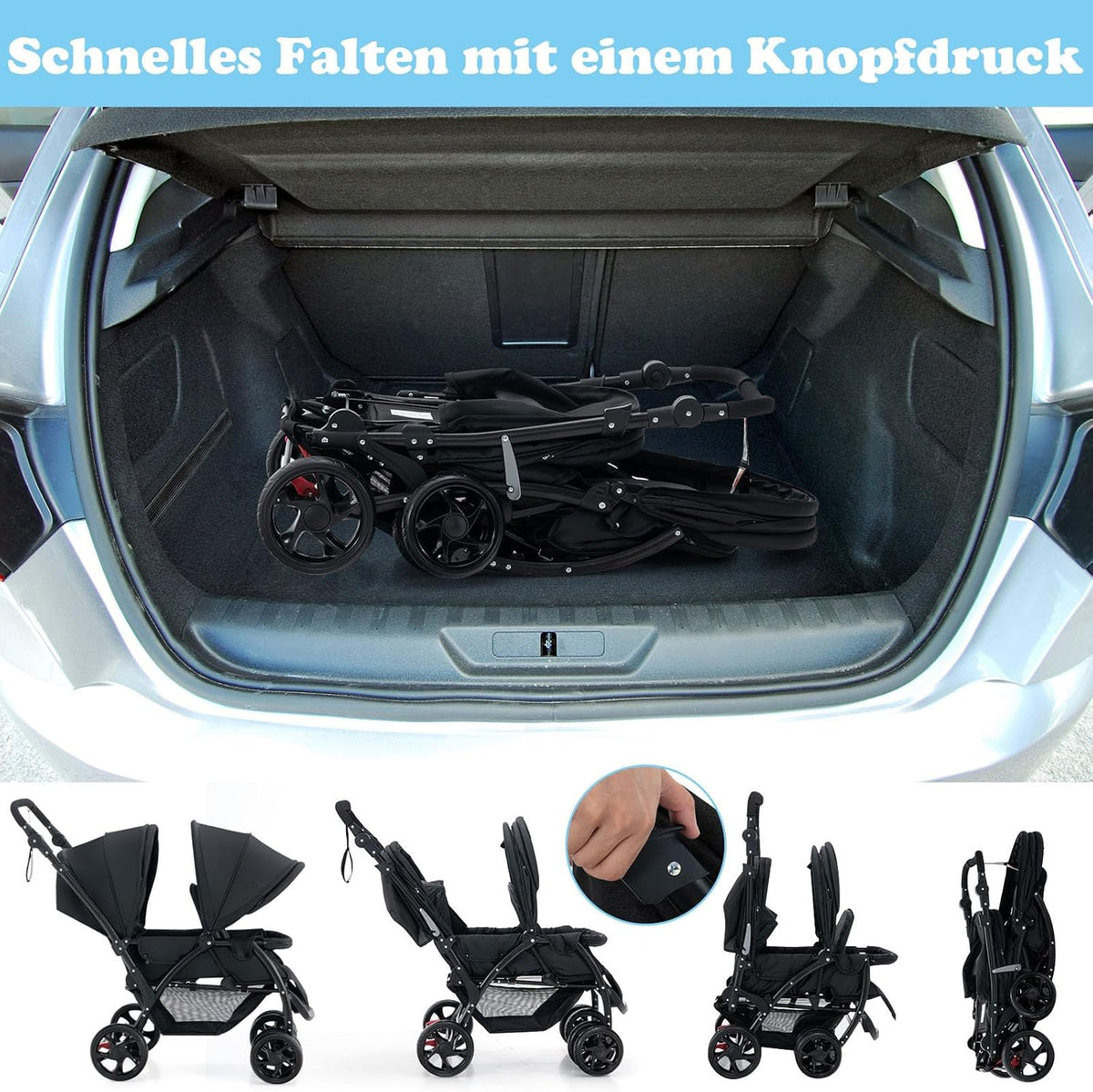 Coast Tandem Kinderwagen Voor Twee – Opvouwbaar Met Verstelbare Rugleuning – Zwart – Metaal