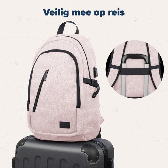 TRVLMORE Rugtas - 25L - 15,6 Inch - Laptop Rugzak met USB - Schooltas - Heren en Dames - Tas Roze