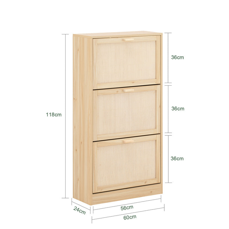 SoBuy Schoenenkast met 3 kleppen - schoenenkist - schoenenrek - schoenenopbergmeubel met 3 deuren - gangmeubel - 60x24x118 cm - houtkleur